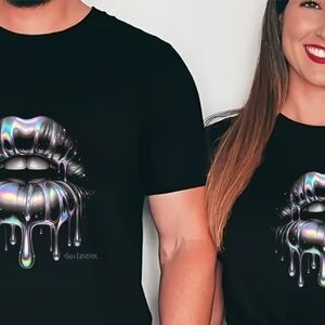 Black T-Shirt with Metallic Lip Design